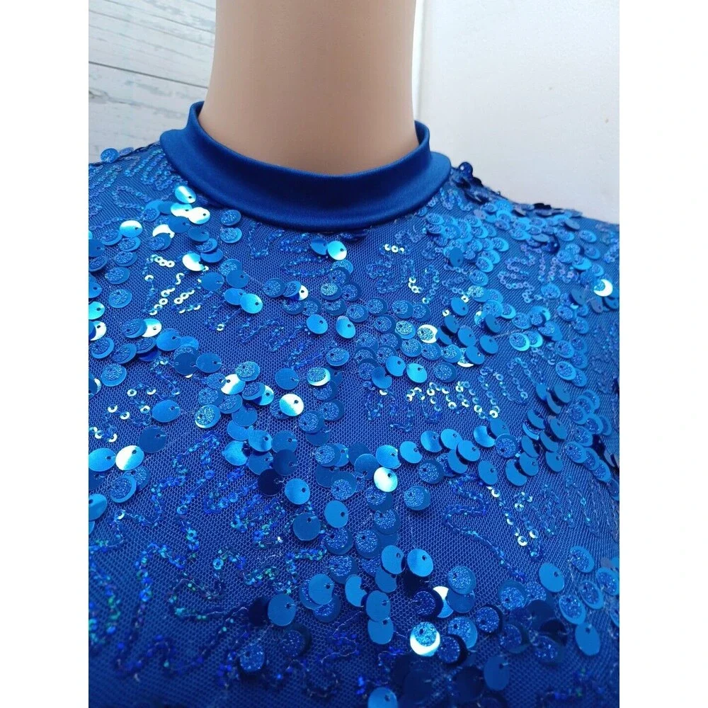 Courtain Call Dance Leotard Child XL Blue Gymnastics Costume Sequined